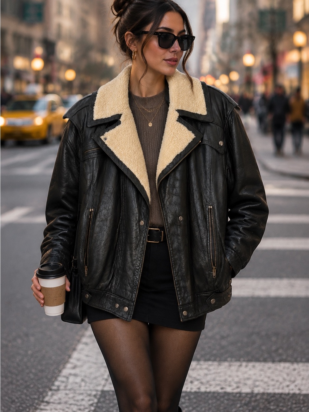 Vintage NORMA Black Genuine Leather Moto Jacket with Cream Shearling Collar